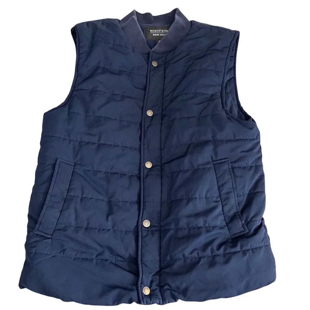 Nordstrom Men's Shop Navy Blue Quilted Puffer Vest‎ Snap Front Size M Medium